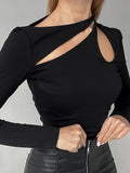 Top Women Long Sleeve T Shirt Hollow Out T-Shirts Autumn Winter Clothes Solid Basic Blue Streetwear White Crop