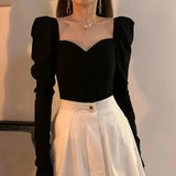 Elegant Shirts Women Puff Sleeve Square Collar Blouses Office Lady Korean Autumn Black Chic Slim Casual All Match Tops-Outfit