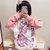 Sweet Cartoon Thin Pink Weatshirts Y2k E-Girl Long Sleeve Zipper Coat Women 2024 New Mid-length Loose Tops Mujer-Outfit