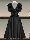 Casual Loose Dress For Women V Neck Sleeveless High Waist Ruffle Trim Solid Midi Dresses Female Clothing Style