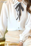 Elegant Chiffon Shirt Women Button Slim Long Sleeve Autumn Office Lady Straight Tops Preppy Style Korean Solid