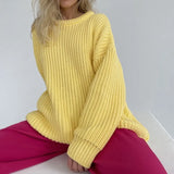 Sweater Streetwear Knitted Solid Ladies Sweater Elegant Jumper Long Sleeve O-neck Pullover Pink Top Winter Autumn