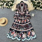 Fongt Vintage Printed Dresses Women's New Spring 2025 New Waist Temperament V-Neck Single-Rece Buckle Long Dress