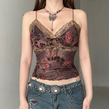 Fongt Girls Retro Print Small Slings New Mesh Lace Spliced V-Neck Vest Top