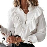 V Neck Ruffle Dot Print Long Sleeve Blouse Office Pullover Office