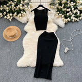 Fongt Kong Style Retro Hottie Suit Women's Summer Short Vest Top With High Waist Half Skirt Knit Two Sets