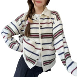 Fongt 2024 South Korean Autumn And Winter New Loose Lazy Wind Lapel Shows Thin Knit Cardigan Striped Coat Jacket Female-Outfit