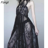 Gothic Summer Sexy Black Dress Women Lace See Through Halter Bandage Sleeveless Dress Elegant Partywear Club Long