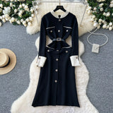 Fongt And Winter Small Fragrant Style Long-Sleeved Temperament Dress Elegant Metal Button Decoration Waist Open Fork Knitting Dress