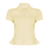 Fongt Style Organ Folds Solid Color POLO Collar Short-Sleeved Shirt To Close Short Buckle Umbilical Top