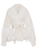 Fongt Retro Palace Style Top Autumn 2024 New Organza Lapel Lantern Sleeve Lace Printed Shirt Girl-Outfit