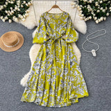 Fongt Retro Fashion Print Dress Women Loose Strap To The Waist Thin A Word Big Pendulum Long Skirt