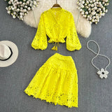 V Neck Hollow Embroidered Lantern Sleeve Short Shirt Solid Mini Skirt 2 Piece Suit Women 2024 Autumn Fashion New TH2512-Outfit