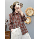 Fongt Spring And Autumn New Art Retro Long-Sleeved Shirt Women Loose Leisure Shirt Shirt Double Cotton Yarn Plaid