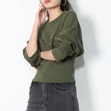 Plain Pullovers Casual Slim Hem O Neck Long Sleeve