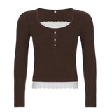 Y2K Sweet Cute Crop Top Lace Frill Bow Pullovers Vintage Square Collar T Shirt Women Skin Button Prepply Korean