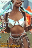 PU Leather Women 2 Piece Set Rave Festival Outfits Handmade Patchwork Metal Chain Backless Crop Top Lady