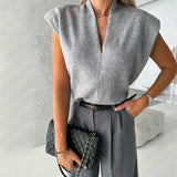 Fongt 2023 New Solid Color V-Neck Sleeveless Jacket Blazer Trouser Suit Women-Outfit