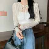 Short Cardigan Women Long Sleeve Thin Open Stitch Knitted Sweater Shirts Female Solid Shawl-Outfit
