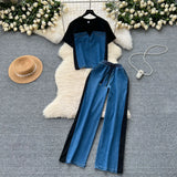 Fongt Hong Kong-Flavored Suit Female Design Sense Short-Sleeved T-Shirt Spliced Denim Jacket + High-Waisted Casual Straight Pants Two-Sleeve