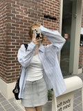 Fongt Stripe Polo Collar Long Sleeve Shirt Coat Female Autumn Thin Loose Show Thin Sunscreen Cardigan Top-Outfit