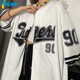T Shirt Baseball Short Sleeve Shirt Letter Print Crop Top Women White Tshirt Unisex Hip Hop Y2k Clothes Tee Shirts