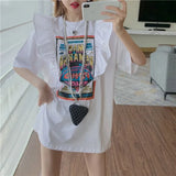 Cotton Loose 4XL Cute Splitted Ruffles Vintage Letter Print T Shirts for Woman Girls Kawaii Y2k Tops Harajuku Black