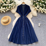 Fongt Women's Dress 2025 Summer High-End Deep V-Neck Waist Buckle Body Pressure Folding Casual Denim Dress
