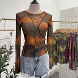 Spring Slim Women See-through Irregular Patchwork Mesh T-shirts Girls O-neck Full Sleeve Sheath Thin Crop Tops-Outfit