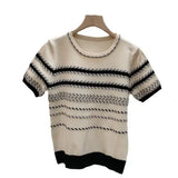 Fongt Version Of Chic Summer Small Casual Round-Coln Color Three-Dimensional Stripe Design Sense Loose Short-Sleeved Knitted T-Shirt