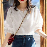 Cotton Lace O-neck Casual Blouses Plus Size Summer New 2021 Korean Fashion Women's Lantern Sleeve Loose Shirts
