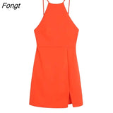 Women Fashion Front Slit Green Mini Tube Dress Vintage Backless Zipper Thin Straps Female Dresses Vestidos