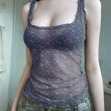 Fongt Spring And Summer New Girl Small Fresh Broken Flowers Bump Color Mesh Perspective Square Tie Sling Small Vest