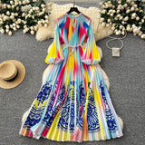 Fongt Elegant Dress Women Fashion Nail Ball Collar Hollow Pressure Folding Lantern Sleeves To Print Long Skirt