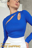 Top Women Long Sleeve T Shirt Hollow Out T-Shirts Autumn Winter Clothes Solid Basic Blue Streetwear White Crop