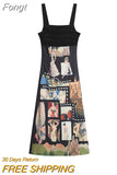 Women's Summer Black Dress Vintage Elegant Strap Graphic Print Off Shoulder Dress Party Club A-line Kawaii Square Collar