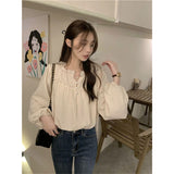Elegant Blouses Women Vintage Puff Long Sleeve Shirts Student Korean Retro Office Lady Basic Solid Loose Casual Chic Tops-Outfit