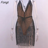 Sexy Sequins Bling Backless Solid Off Shoulder Feminine Mini Dresses See Through Spaghetti Straps Summer Night Club