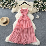 Fongt Tea Break Retro Sling Dress Women's Holiday Wind To Show Thin Folds Design Long Skirt