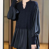 Knitted Patchwork Blouse Spring Autumn Korean Loose Women's Clothing Basic Fake Two Pieces Casual Half Open Collar Shirt-Outfit