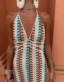 Fongt Women's Explosive V-Neck Crochet Sling Striped Back Dress Party Is Thin