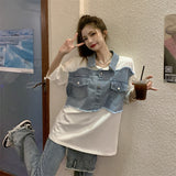Sleeve T-shirts Women Patchwork All-match Denim Футболка Женский Students Creativity Design Summer Leisure Korean