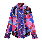 Fongt Women's Long-Sleeved Geometric Printed Vertical Shirt 22324