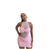 Fongt Summer Women's Screen Splicing Sexy Hanging Neck Sleeveless Lace Tight-Up Hip Dress Girl