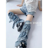 Fongt Hottie Fried Street Wash Denim Leg Set Design Strap Pile Trousers Calves Denim Shorts Cover