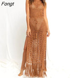 Summer Bikini Blouse with Hollow Lace-up Tassel Swimsuit Coat Beach Dress Female Cover Up Beach Woman Beach Maxi