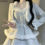 Style Elegant Tweed Plaid Dress Sets Women Plush Patchwork Short Woolen Jackets Sexy Bow Mini Skirt Japanese Fashion Suit-Outfit