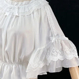 Lolita Chiffon Blouses Women Cute Bow Ruffles Three Quarter Flare Sleeve Undershirt Girl Kawai Off Shoulder Shirt Crop Top-Outfit