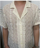 Fongt New Fashion Men's Casual Short-Sleeved Lace Collar Button Hollow Cool Perspective Shirt