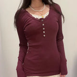 Lace Trim Rib Long Sleeve Slim Tee-Outfit